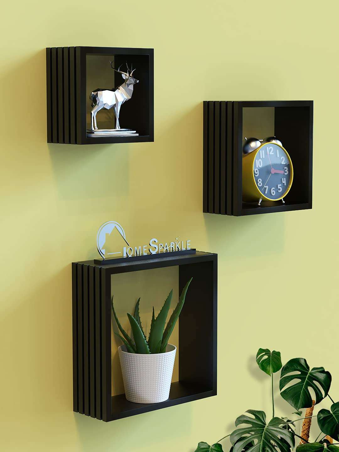 Home Sparkle New 3D Design louvers Wall Shelf Rack for Home |Set of 3 |Engineered Wood Carved Shelf for Lobby & Bedrooms Black Finish (Black) 1