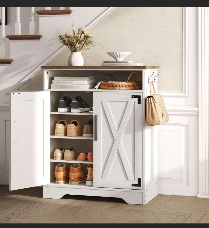HOOBRO Shoe Cabinet, Farmhouse Shoe Storage Cabinet, Shoe Organizer Cabinet with Hooks and Adjustable Shelves, Shoe Cabinet Storage for Entryway, Living Room, White and Walnut WH16SC01 1