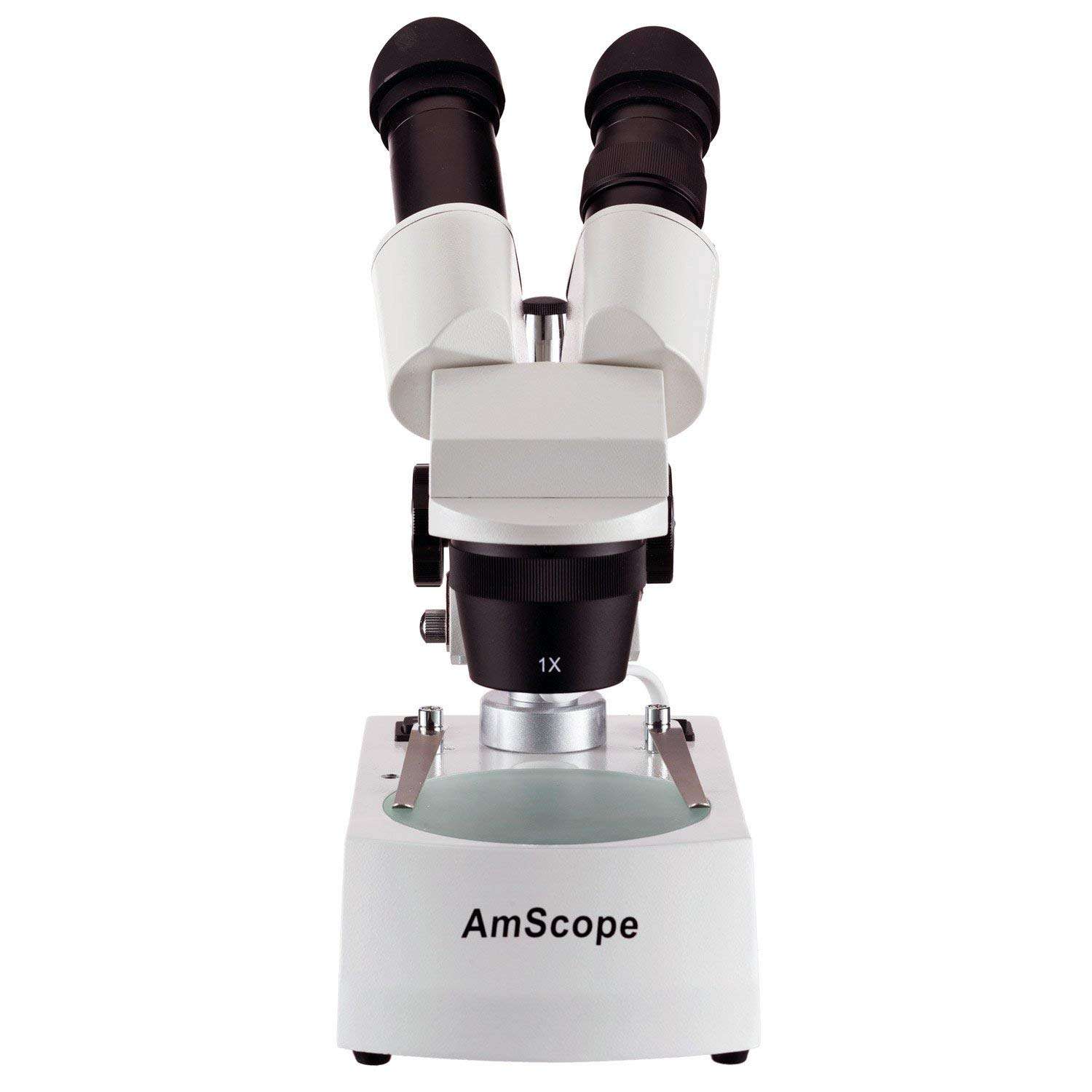 AmScope SE305-PZ-DK Binocular Stereo Microscope, WF10x and WF20x Eyepieces, 10X/20X/30X/60X Magnification, 1X and 3X Objectives, Upper and Lower Halogen Lighting, Reversible Black/White Stage Plate, Arm Stand, 120V, Includes Darkfield Condenser 4