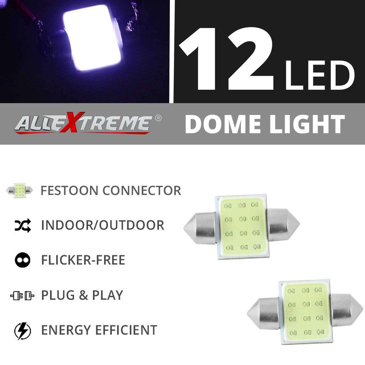 AllExtreme EX12L1W 12 LED Universal Car Interior Super Bright Roof Light Reading Dome Bulb Lamp with Festoon Holder (6W, White, 1 Pc) 2