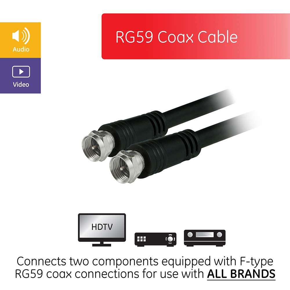 GE RG59 Coaxial Cable 25ft. (7.6m), Black, F-Type Connections Jacks, Low Loss, Double Shielded Coax Cable, Input/Output, Ideal for Antennas, DVR, VCR, Satellite to TV, 23210 2