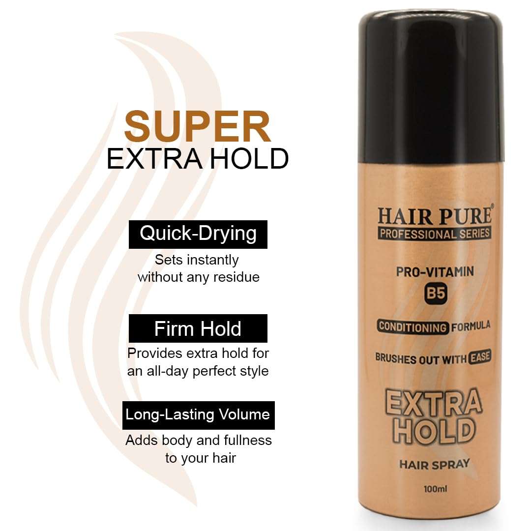 Hair Pure Extra Hold Hair Spray | Quick Drying | Long Lasting Hold | No Flaking | Natural Shine | Non-Sticky | Easy Wash Off | Pro Vitamin B5 | Conditioning Formula (100Ml) 3