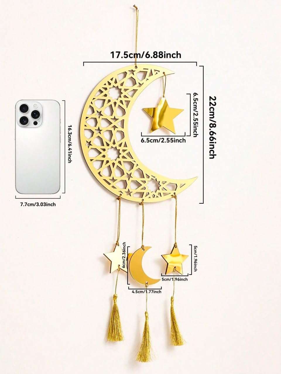 Curious Button Wooden Ramadan Kareem Hanging Decor Moon & Star | Islamic Wall & Door Hanging Pendant for Home | Ramadan & Eid Decoration Item | Gold Finish | 6.68x8.66 Inch 4