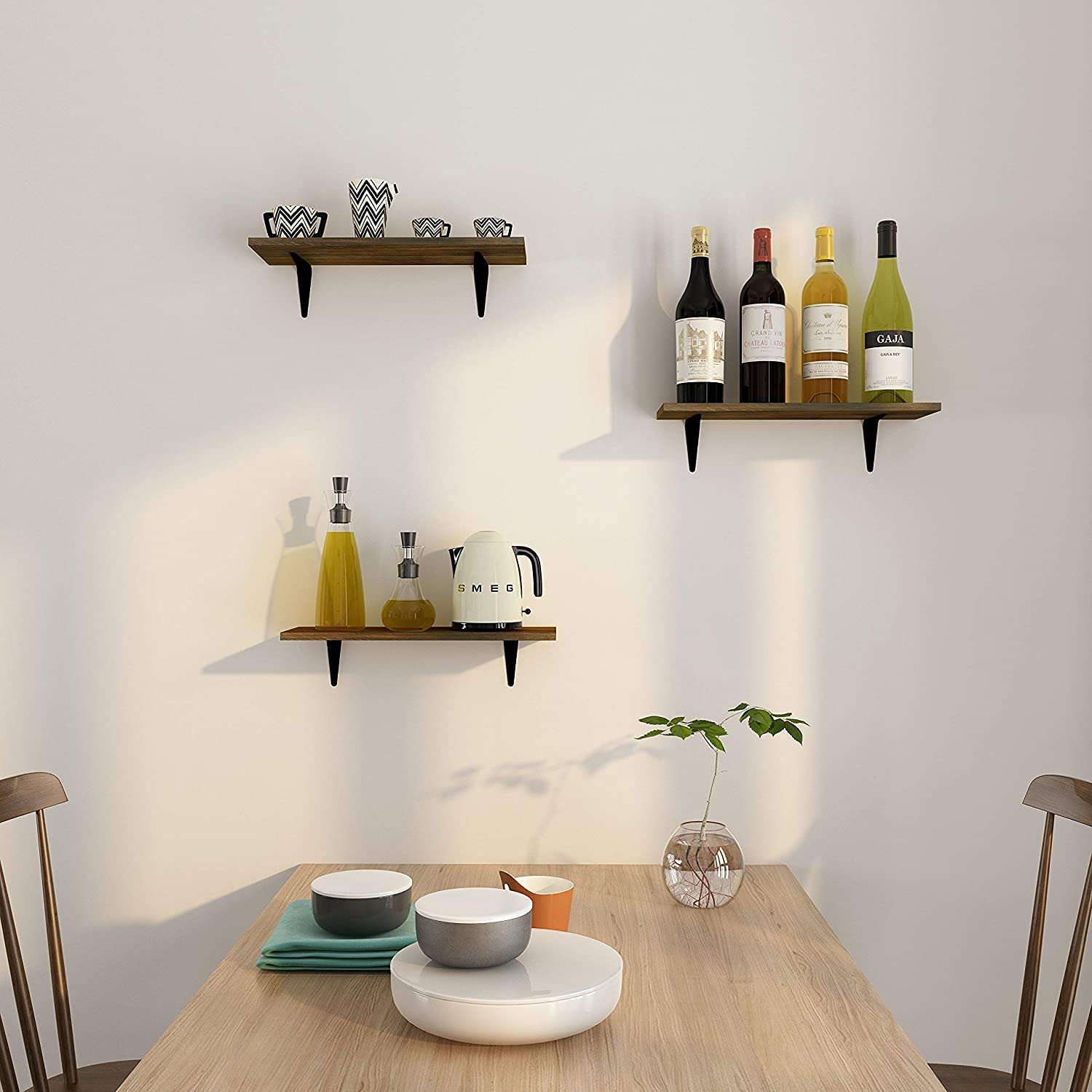 Tree House Floating Shelves, Black Wood Wall Mounted Shelves with Invisible Brackets for Bedroom Living Room Bathroom Kitchen, Shelves for Wall Decor Storage Set of 3 (White) 3