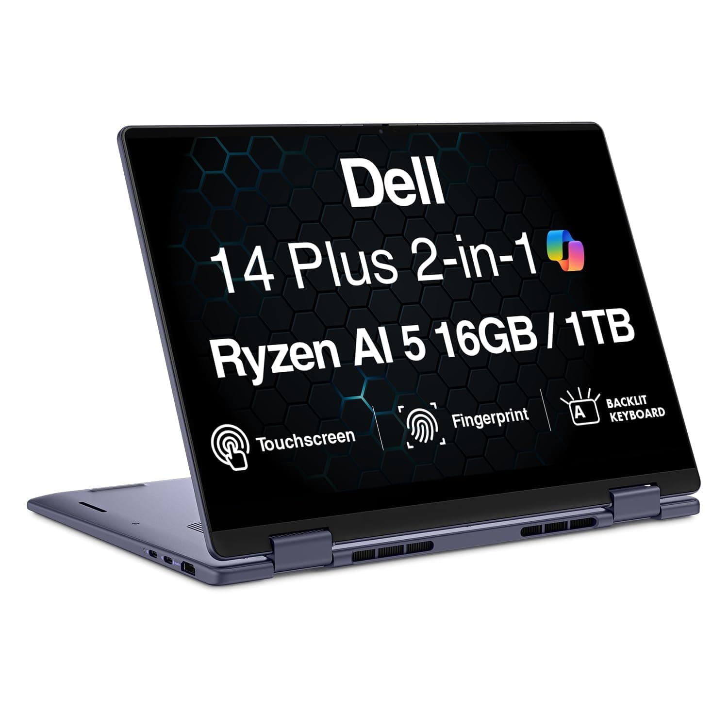 Dell 14 Plus AI Powered 2-in-1 Laptop 14.0" Touchscreen IPS WUXGA Display (AMD Ryzen AI 5 340, 16GB LPDDR5X, 1TB PCIe SSD, Backlit KB, Fingerprint, WiFi 7, Webcam, Win 11 Home) 1