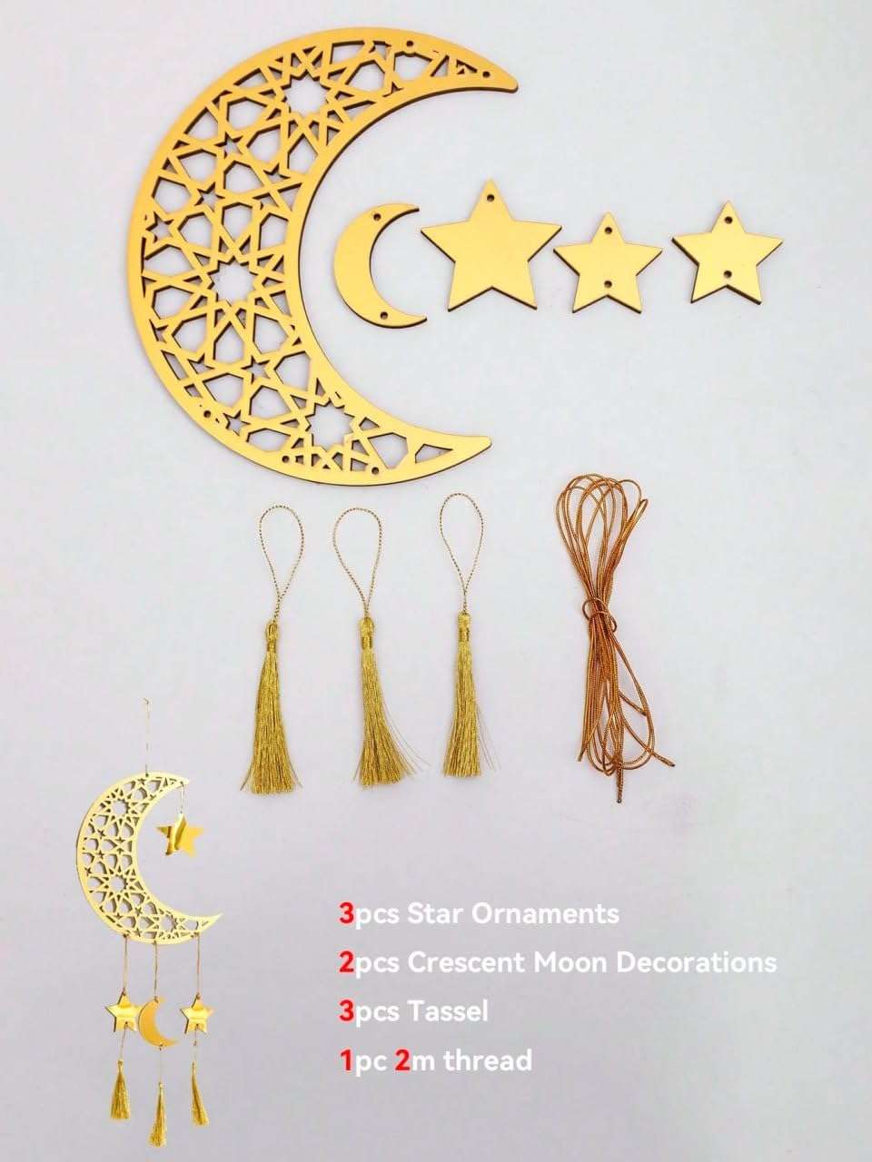 Curious Button Wooden Ramadan Kareem Hanging Decor Moon & Star | Islamic Wall & Door Hanging Pendant for Home | Ramadan & Eid Decoration Item | Gold Finish | 6.68x8.66 Inch 5