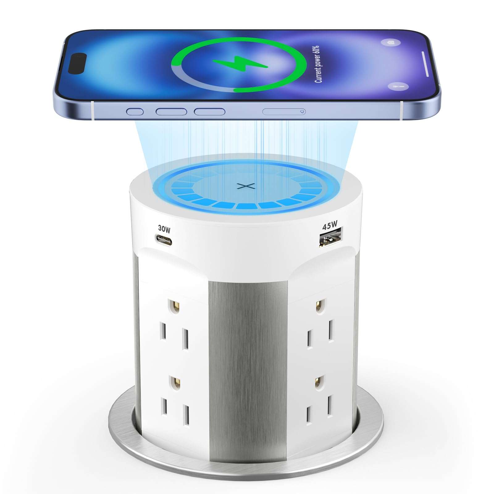 Kungfuking Pop Up Outlet for Countertop Kitchen, 15W Wireless Charger, 75W USB C Counter Top Electrical Power, 8 Outlets & 4 USB Ports, 4"Hole Recessed Popup Outlet for Island Conference Table Office 1