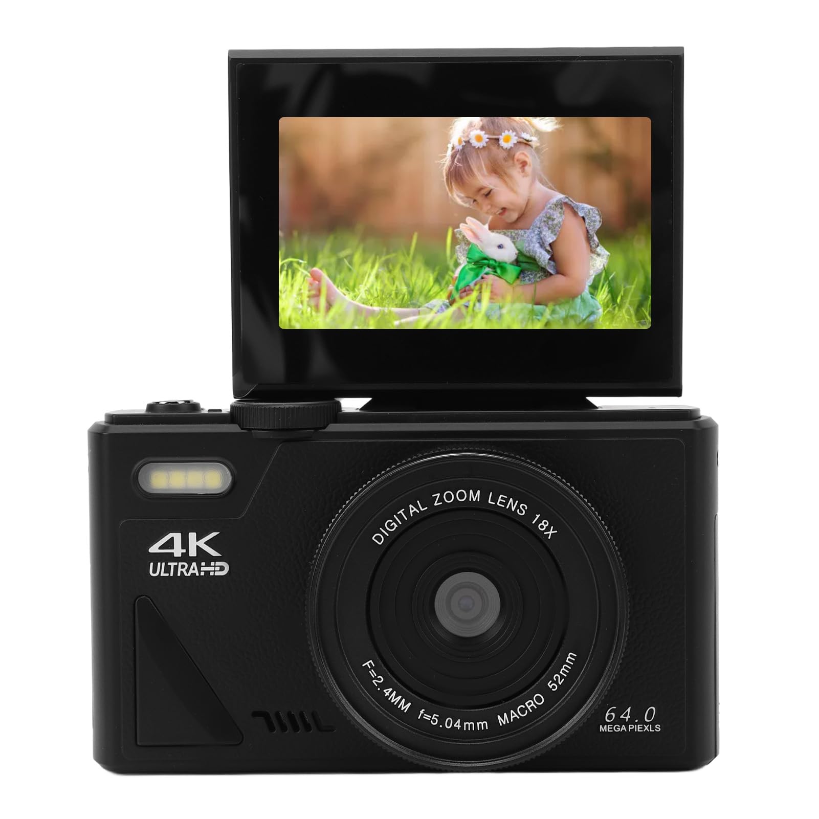 Digital Camera with Flip Screen LCD, UHD 4K 64MP Camera, Digital Point and Shoot Camera with 18X Zoom, Vlogging Camera for Travel Photography Vlogging (Black)