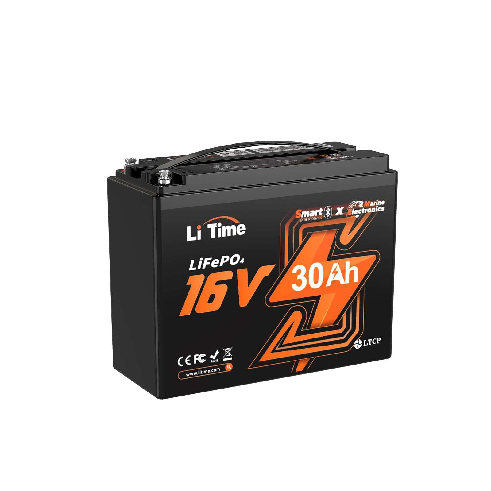 LiTime 16V 30Ah LiFePO4 Lithium Battery with Bluetooth 5.0, Built-in 30A BMS & Low-temp Protection, 4000+ Cycles, 10-Year Lifespan for Fish Finders, Sonar, Marine Electronics
