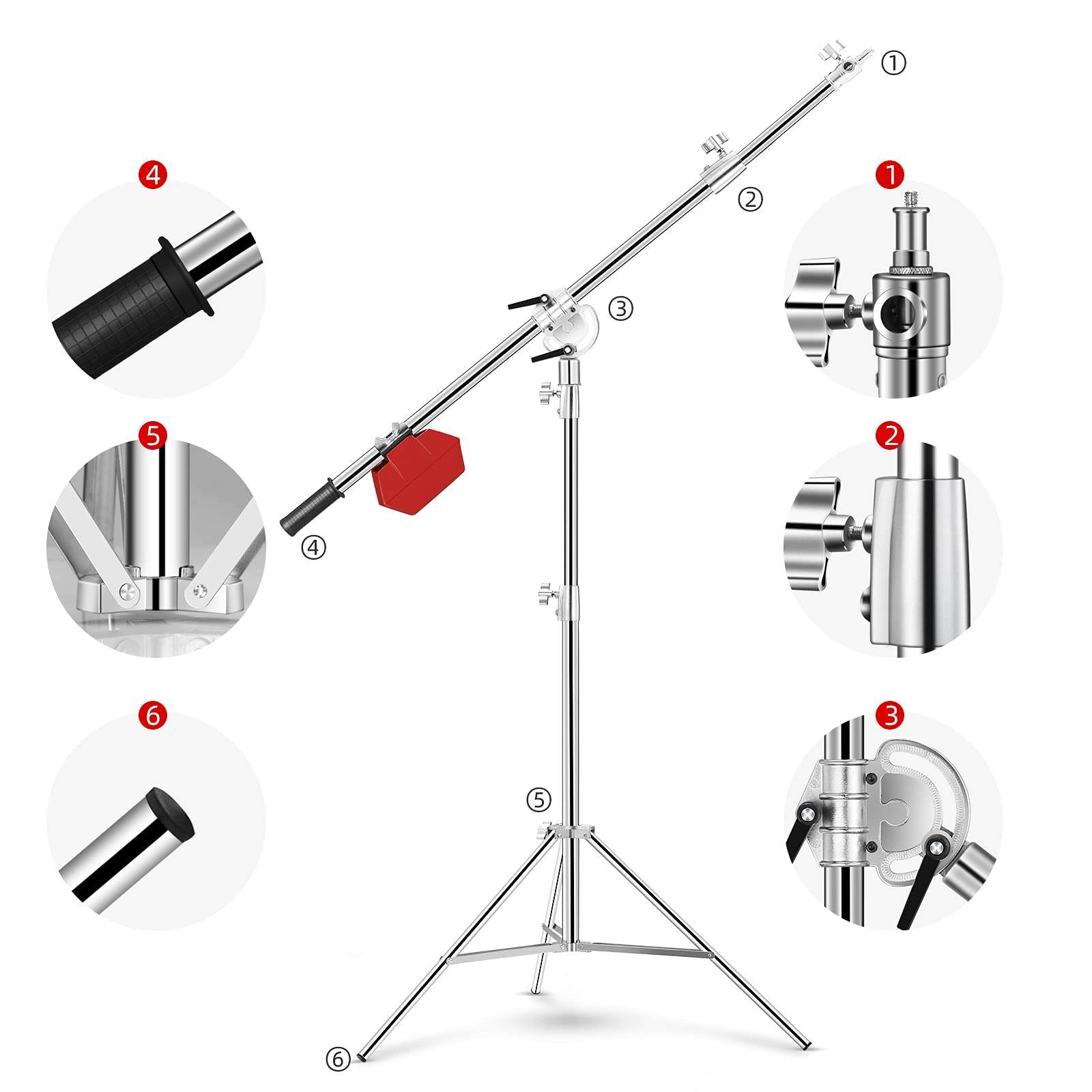 Soonpho Stainless Steel Light Stand with Boom Arm & Hammer, Max.12.2ft/3.7m Heavy Duty Adjustable Tripod with 6.6ft/200cm Boom Arm for Studio Photography Softbox,Reflector,Monolight,Light,Umbrellas 6