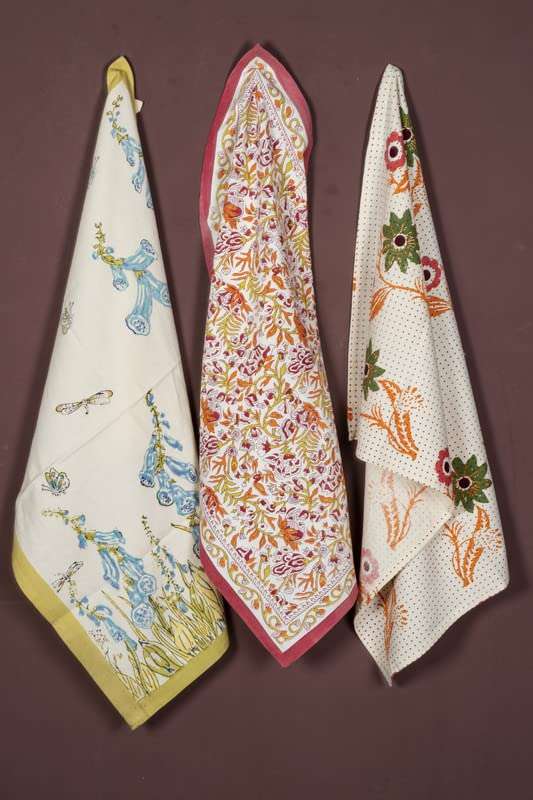 CONTRAST LIVING Rani Hand Block Printed Kitchen Towel/Dish Towel/Hand Towel Multi Color Set of 3 Pcs 1