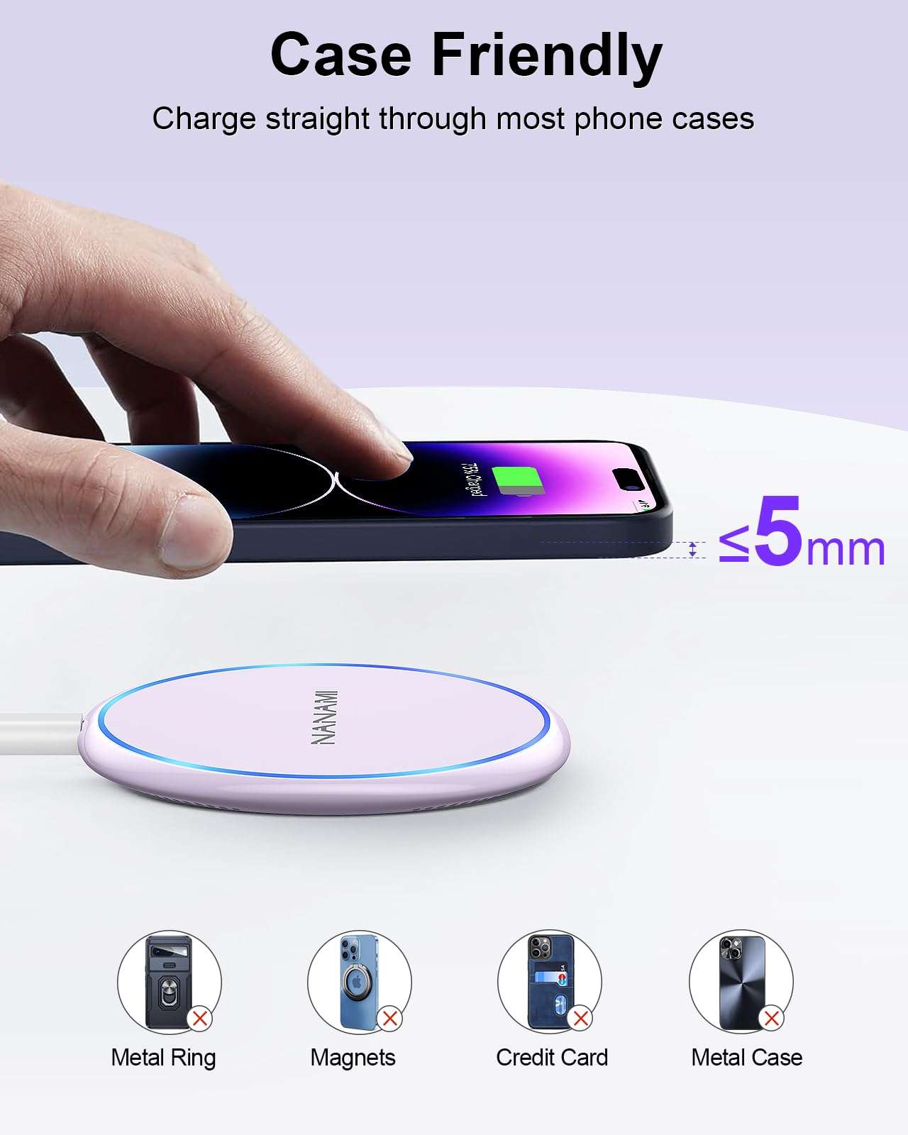 NANAMI 10W Max Wireless Charger Pad, Fast Charging Compatible with iPhone 17/16/15/14/13/12/11/SE Series, Samsung Galaxy S26/S25/S24/S23/S22/S21/S20, AirPods 2/3 - Adapter Required (Sold Separately) 6