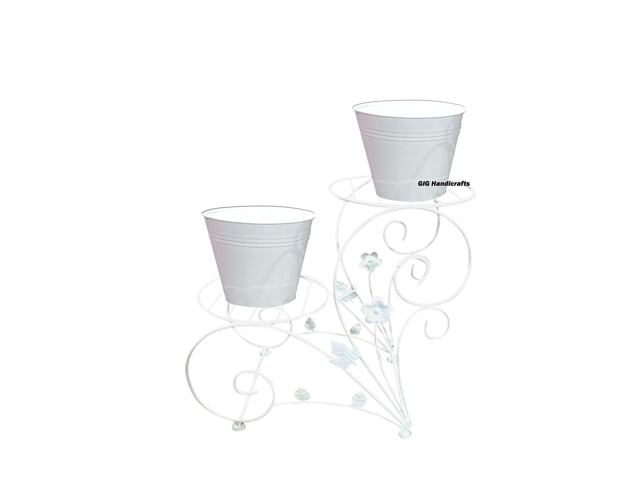 GIG Handicrafts 2-Tier Iron Decorative Potted Plants Shelf Plant Stand with 2 Iron Planter Plant Holders Garden Outdoor Indoor (43 cm x 26 cm x 41 cm, White) 3