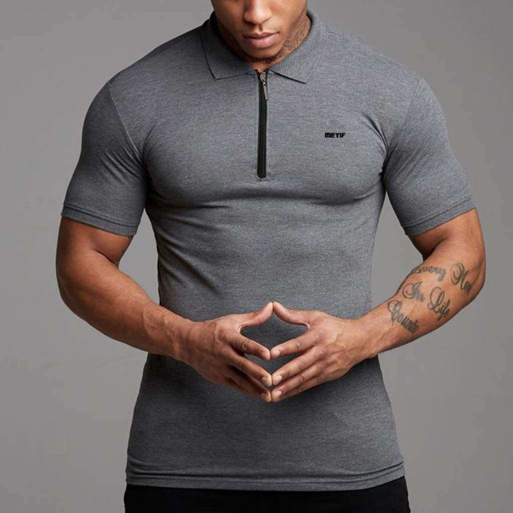 Men Shirts Fashion Short Sleeve Slim Fit Sports Bodybuilding Fitness Muscle Cotton Polo T Shirts Tops (M, Gray) 3