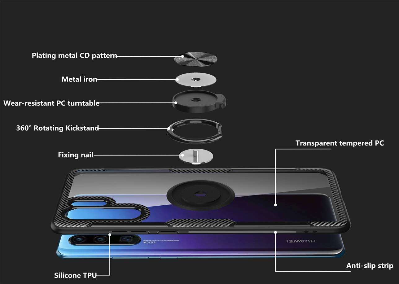 Huawei P30 Pro Transparent Case,360° Rotating Ring Kickstand Protective Case,TPU+PC Shock Absorption Double Protection Cover Compatible with [Magnetic Car Mount] for Huawei P30 Pro Case (Black/silver) 3