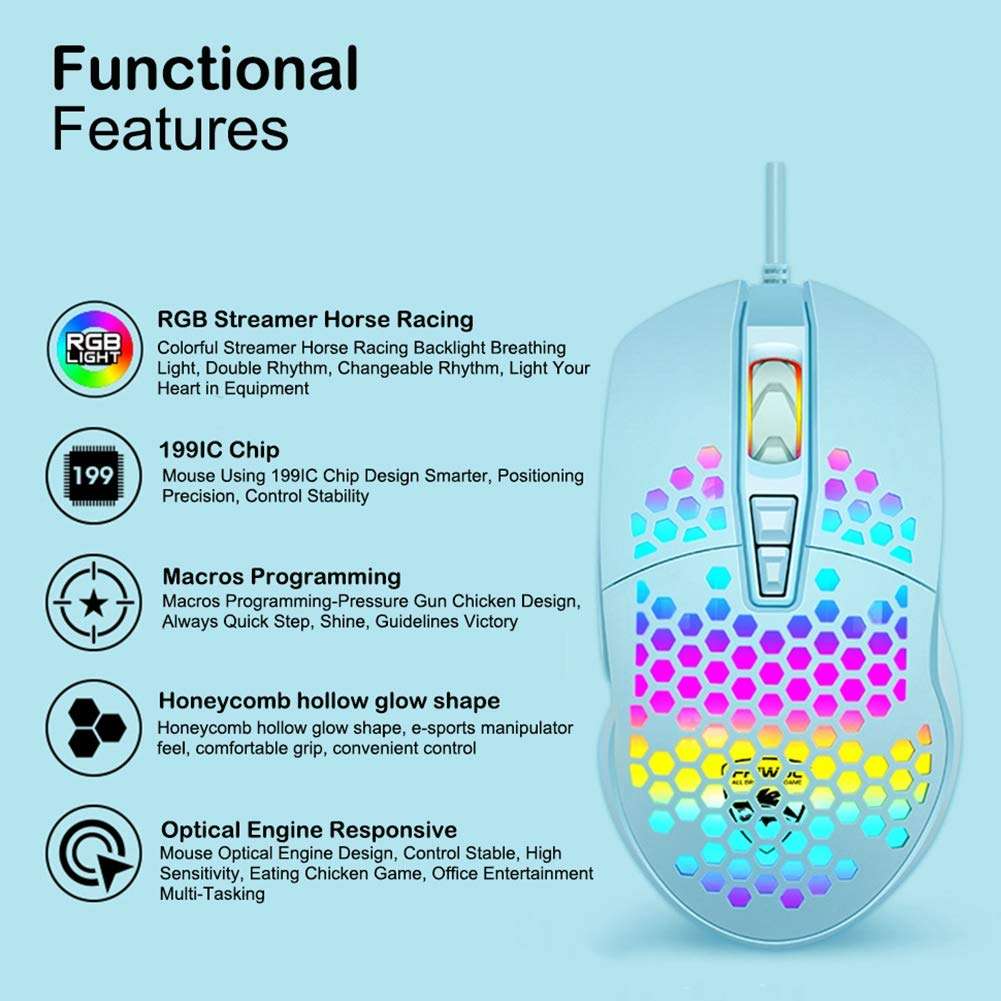 Computer Mouse, V9 Ergonomic 4000DPI USB Wired Hollow-Out RGB Light Gaming Mouse Mice for PC - Mint Green 6