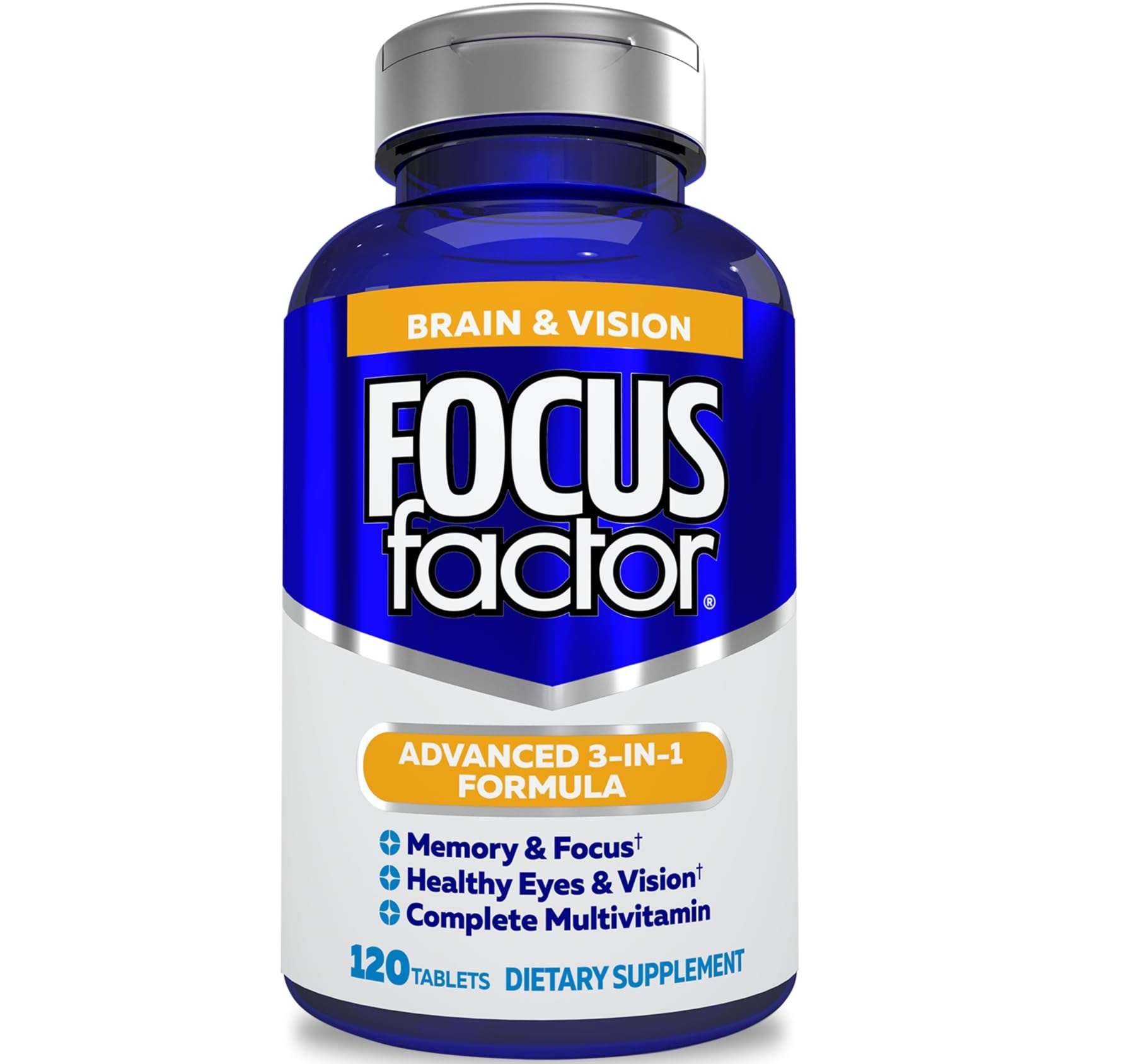 Focus Factor Adults Brain and Vision Supplement, 120 Count - Eye Vitamin, Mineral Supplement & Complete Multivitamin w/Lutein & Zeaxanthin – Brain Supplement for Focus, Concentration, Memory