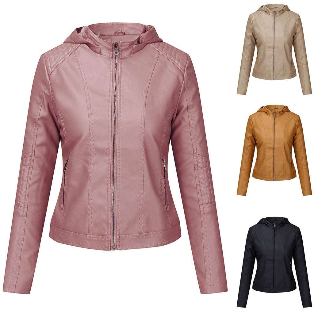 RUIVE Women’s Artificial Leather Coats Winter Warm Thicken Plush Zipper Hooded Outerwear Windbreaker Biker Bomber Jackets Khaki 5