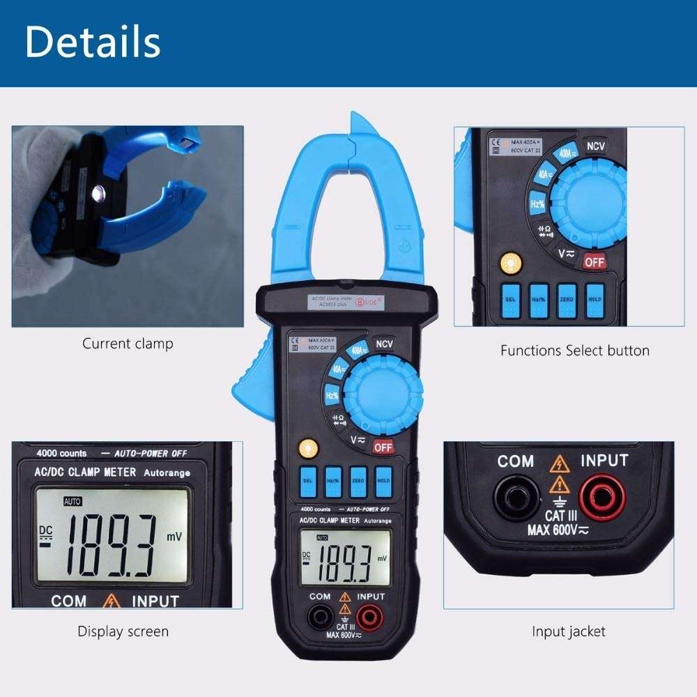 KOVOSCJ Handheld Tester Digital Clamp Meter DC AC 400A Current ACM03 Ammeter Car Voltmeter Multimeter with Resistance Cap Continuity NCV Test Multifunctional Digital Tester 3