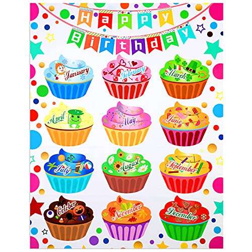 Happy Birthday Chart for Classroom Birthday Poster Decoration DIY Name Cupcakes Classroom Poster Chart Birthday Bulletin Board Chart Class Birthday Decoration Colorful for Students School Party Kids 1