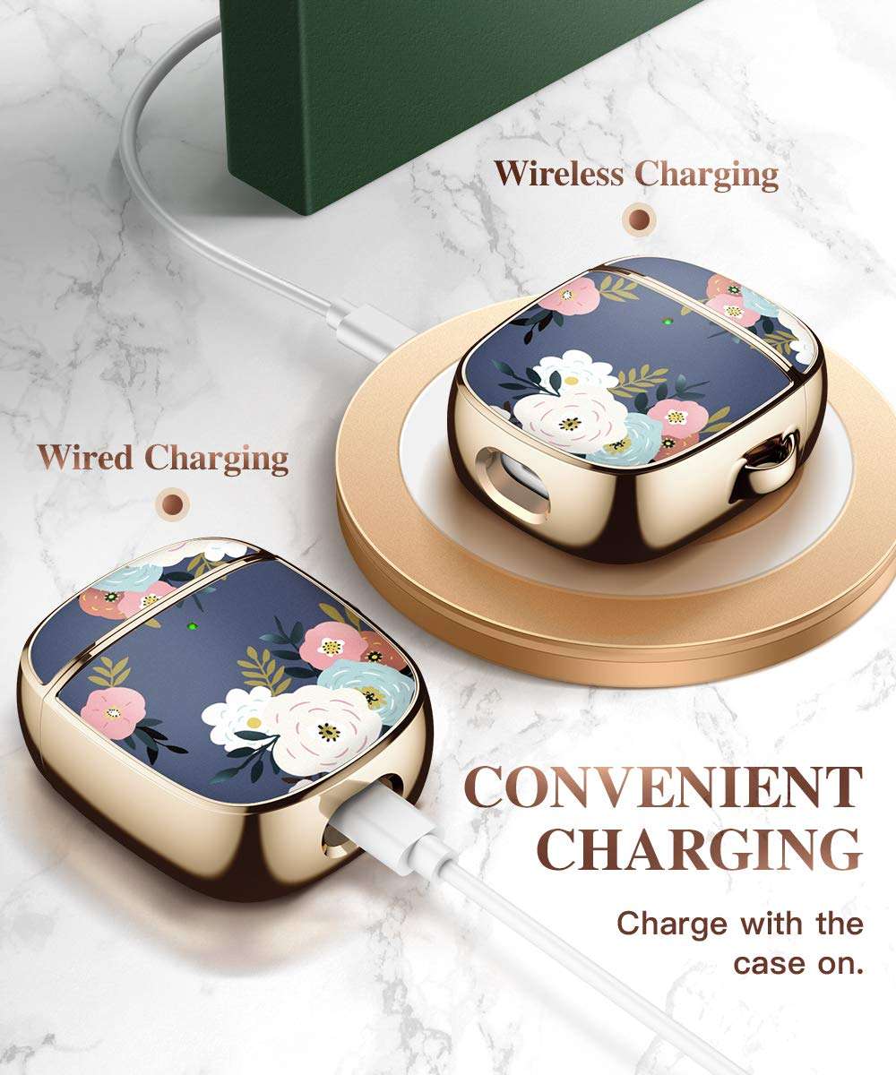 GVIEWIN Floden Series for AirPods Case Cover, Cute Flower Full Protective Hard Cover with Wrist Strap Women Girls Case Compatible with AirPods 2 & 1 Charging Case (Abundant Blossom/White) 4