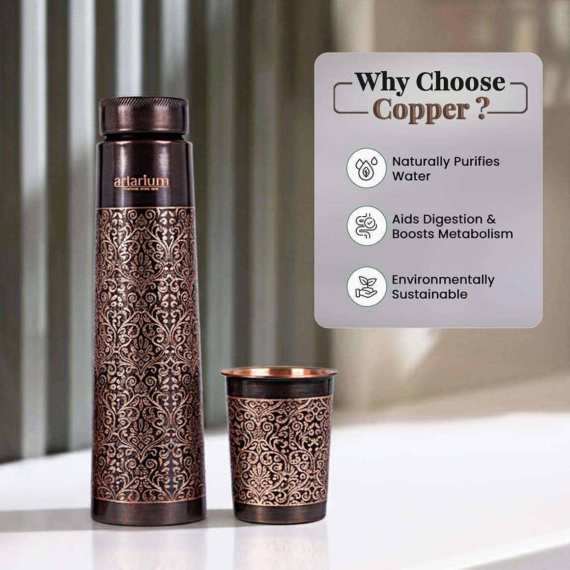 Artarium Classic Etching Copper Bottle with Two Cups Copper Bottle & Cup Set with Intricate Etching Eco-Friendly & Stylish (1 Litre) 6