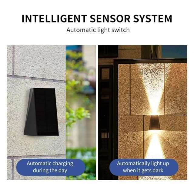 kh Solar Outdoor Lights Up and Down 2 LED Outdoor Lamp Solar Path Wall Lights, IP65 Waterproof Patio Wall Light, Exterior Lights for House Garage Garden (Warm White) (Pack of 1) 5