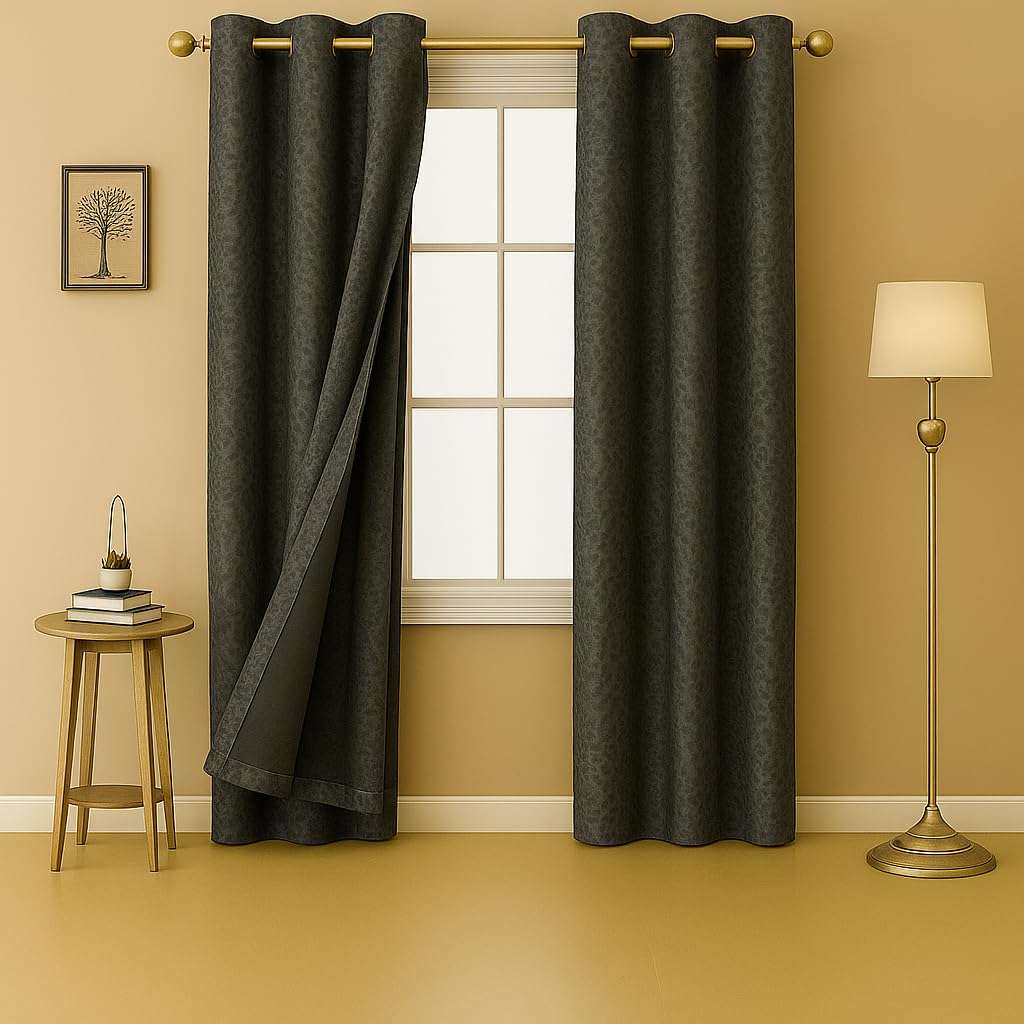 Selection House 7x4 Feet Faux Silk Blackout Curtains Set of 2 |Noise Reduced and Fade Resistant Curtains | Floral Jacquard Design Room Drapes for Bedroom Living Room Windows Door (Dark Grey) 1