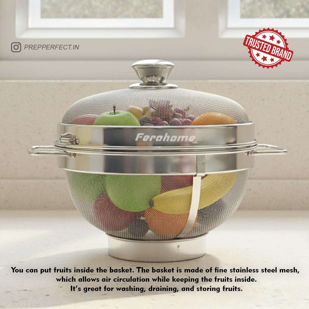 FEROHOME 14 Inch 304 Stainless Steel Fruit Basket with Lid|Includes Free Cleaning Brush and Multi Fiber Cloth|Fruit Storage Organizer for Kitchen & Dining|Fruit Bowls for Fruits,Vegetables,Bread (XXL) 6