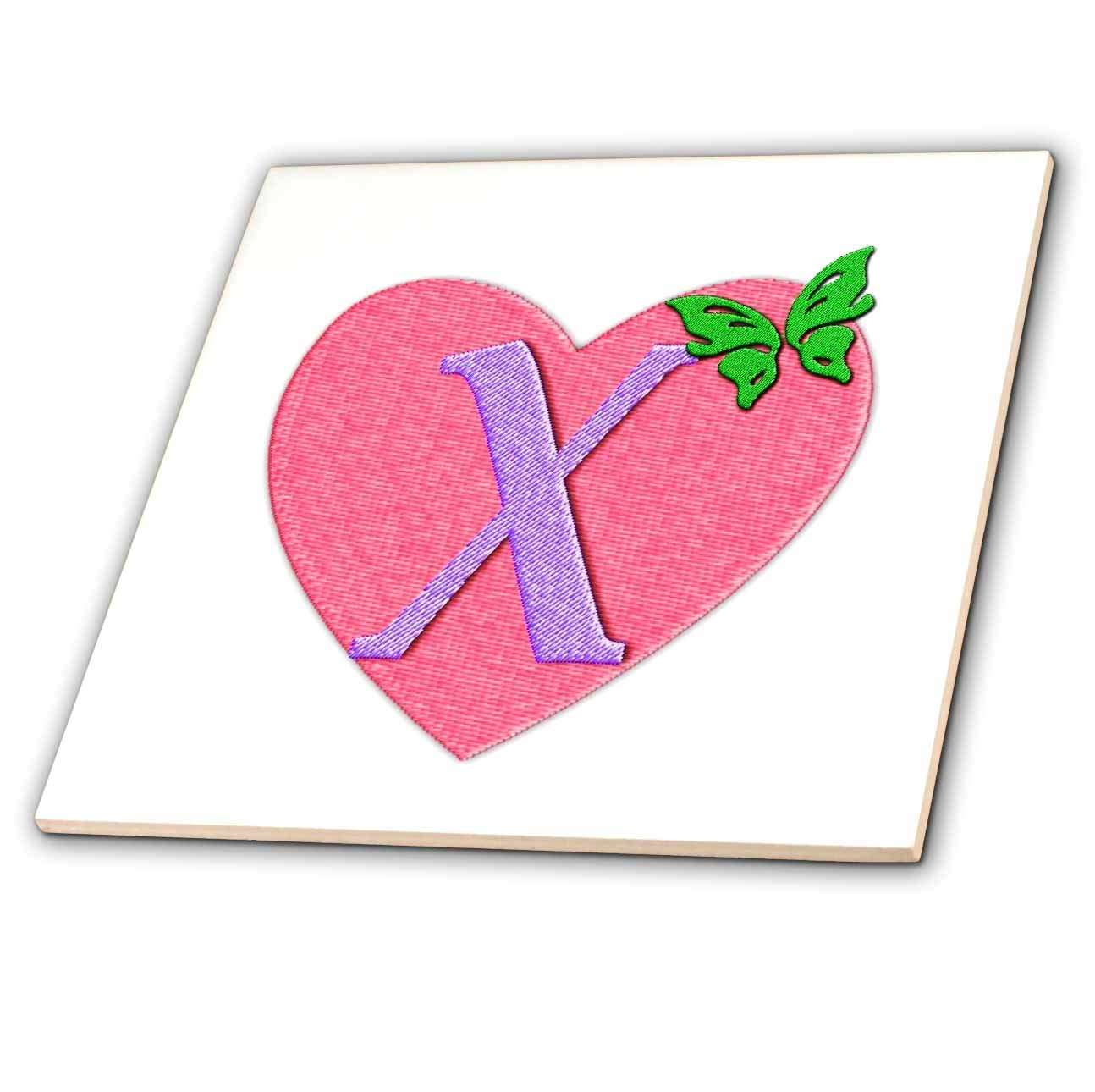 8 Inch Glass Tile - Letter X- Image of Pink Heart with Butterfly- not actual embroidery Monograms- Faux Embroidery Heart