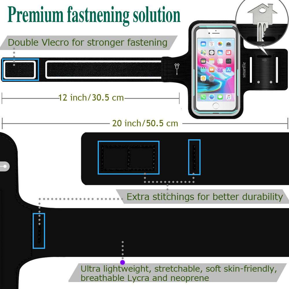 smartlle Arm Phone Holder for Running, Armband Cellphone for iPhone 15 14 13 12 11 Pro Max/XR/8 7 6s Plus, for Galaxy A/S/Note Up to 6.9’’, for Exercise Gym Fitness Sports Gear-Black 6