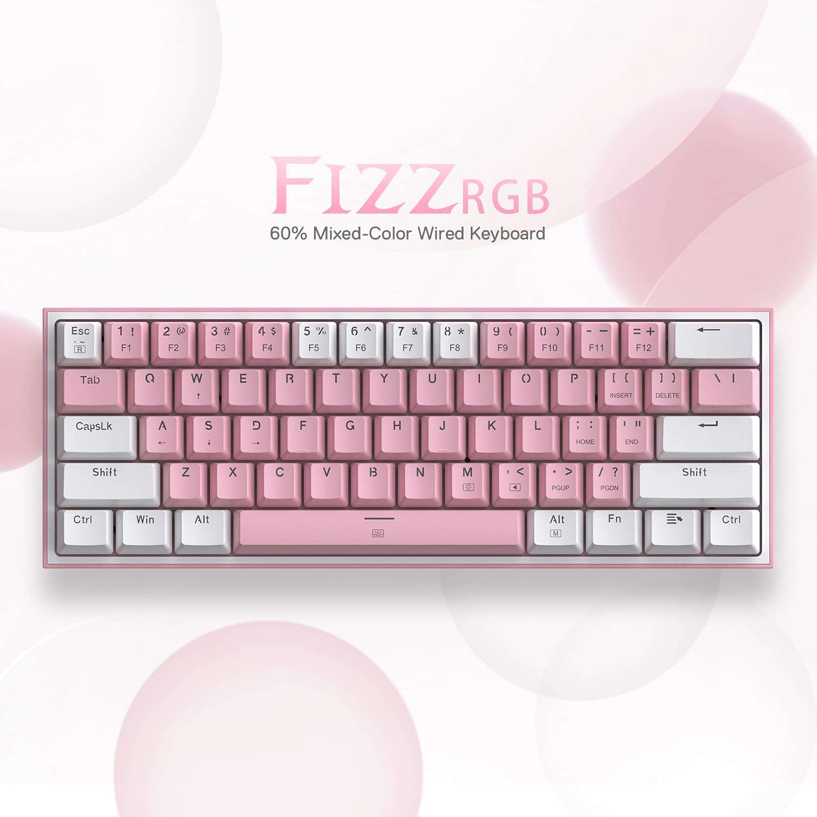 Redragon K617 Fizz 60% Wired RGB Gaming Keyboard, 61 Keys Hot-Swap Compact Mechanical Keyboard w/White and Pink Color Keycaps, Linear Red Switch, Pro Driver/Software Supported 2
