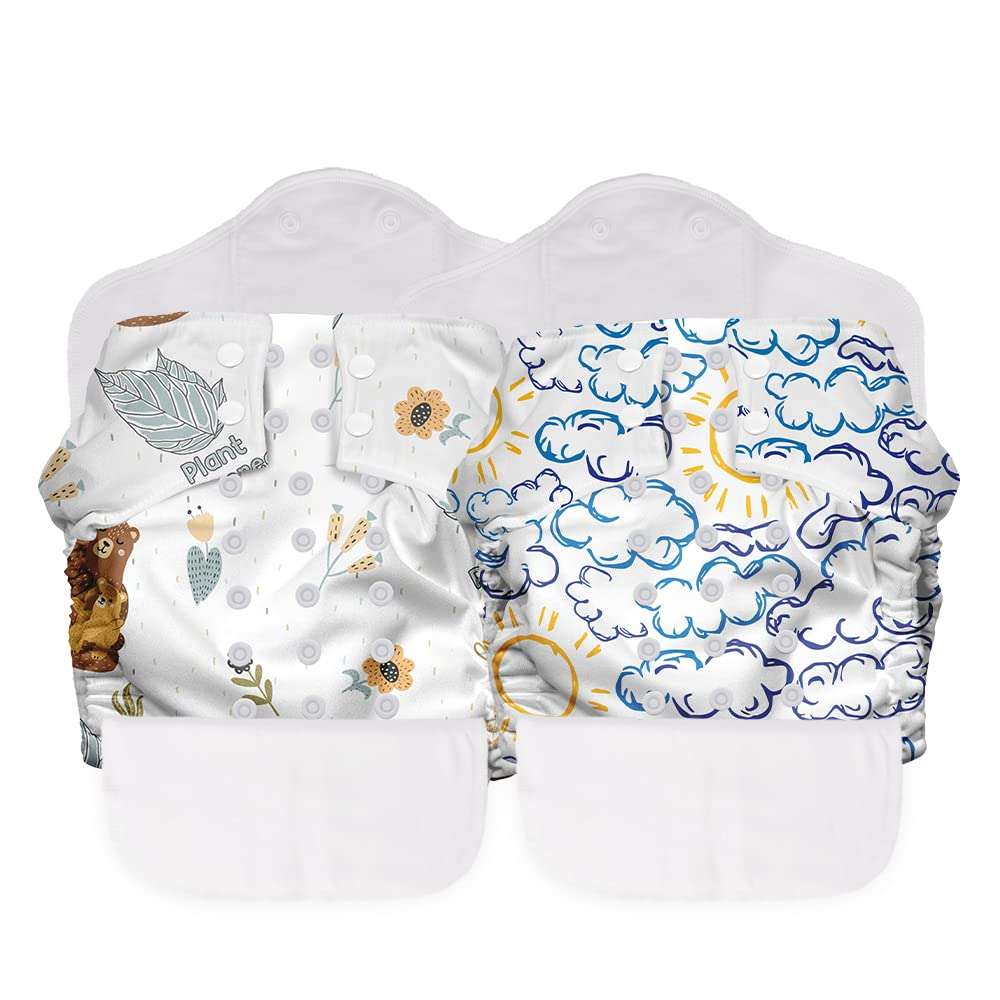 Mother Sparsh Plant Powered Cloth Diaper for Babies-Free Size | Medical Grade Fabric with 100% Organic Cotton | Reusable 13 Layer Breathable Soaker With Built-In Booster Pad | Pack of 2 (B.Hug&H.Cloudy) 1