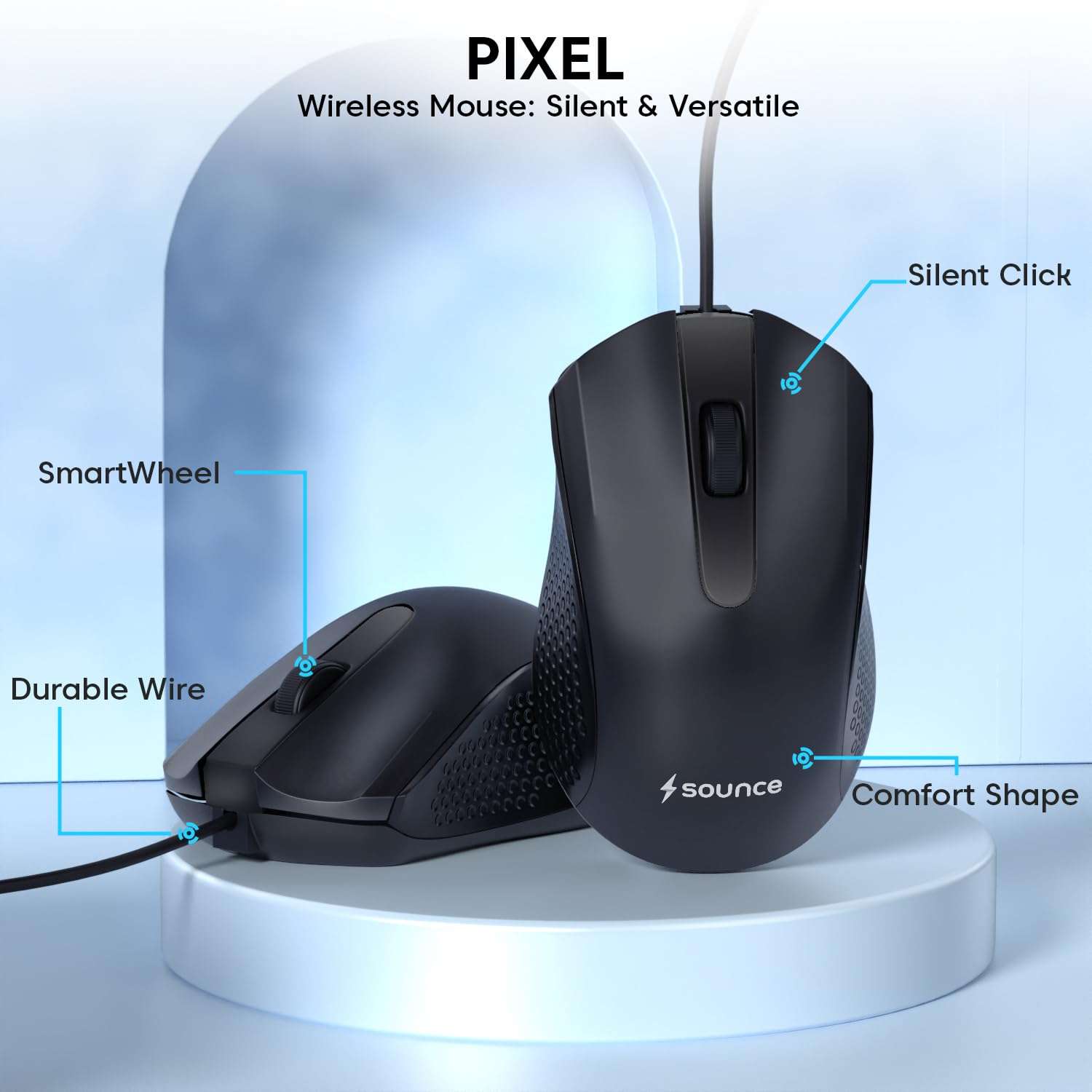 Sounce Pixel Wired Mouse with 1200 DPI Optical Sensor, USB Plug & Play, 1.25M Cable, Smooth Control, 50 Lakh Click Life for Laptop, Desktop & PC (Black) 5