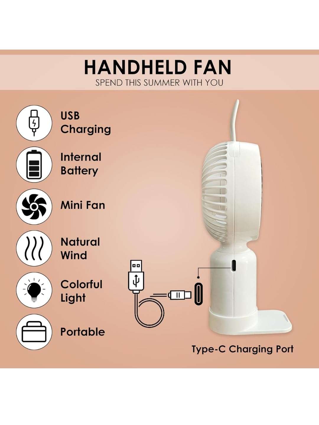 KUMISHRI Mini Hand Fan Rechargeable, Powerful Brushless Motor Handheld Fan, 3 Speed Large Blades, 1800mAh Battery, Personal Small Fan with Base for Women and Men multicolor Peck of 1 Pic 3