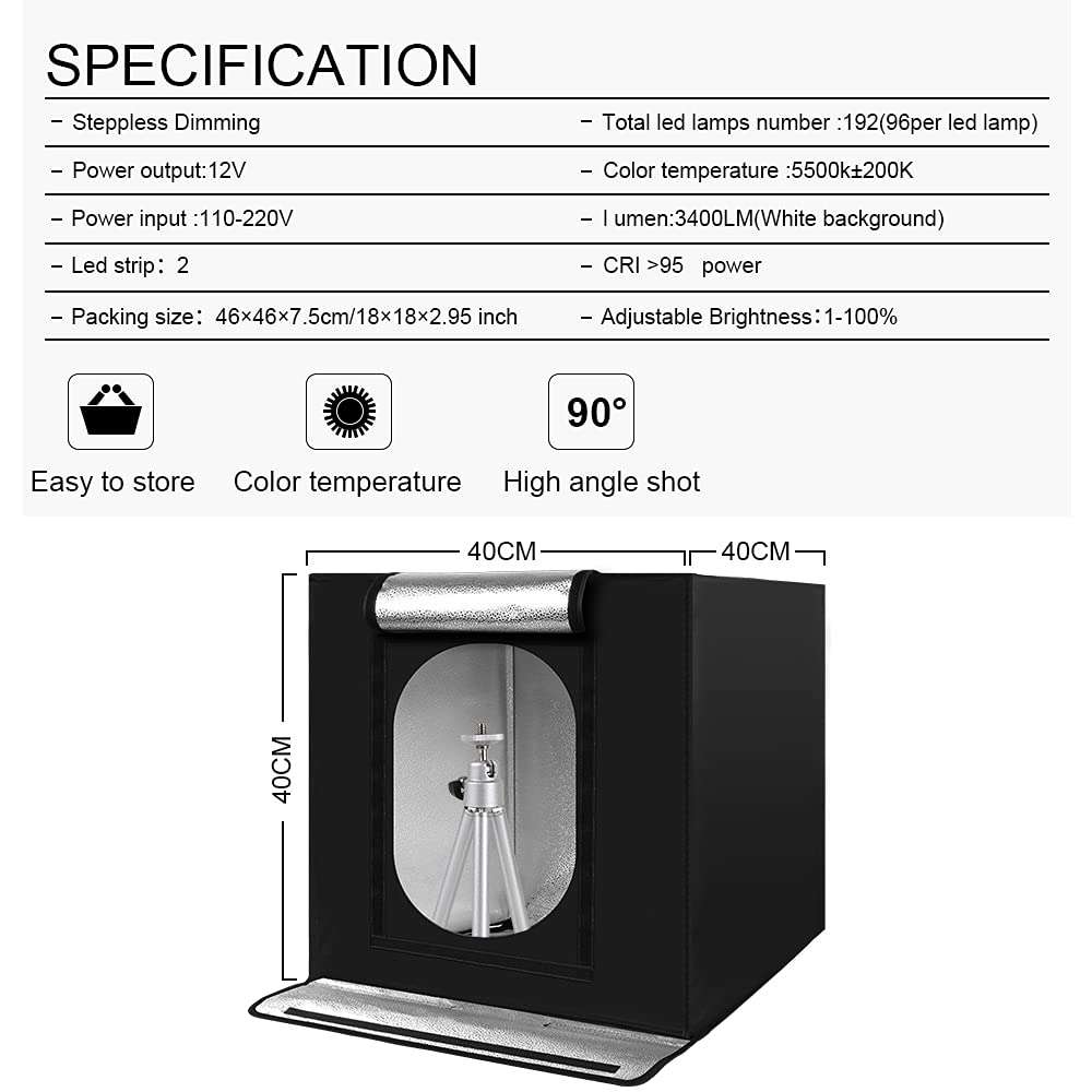 Photo Studio Box, 16x16x16 Inches Portable Foldable Photography Light Box Shooting Tent with Dimmable High CRI95+ LED Lights and 4 Backdrops for Product Photography 5