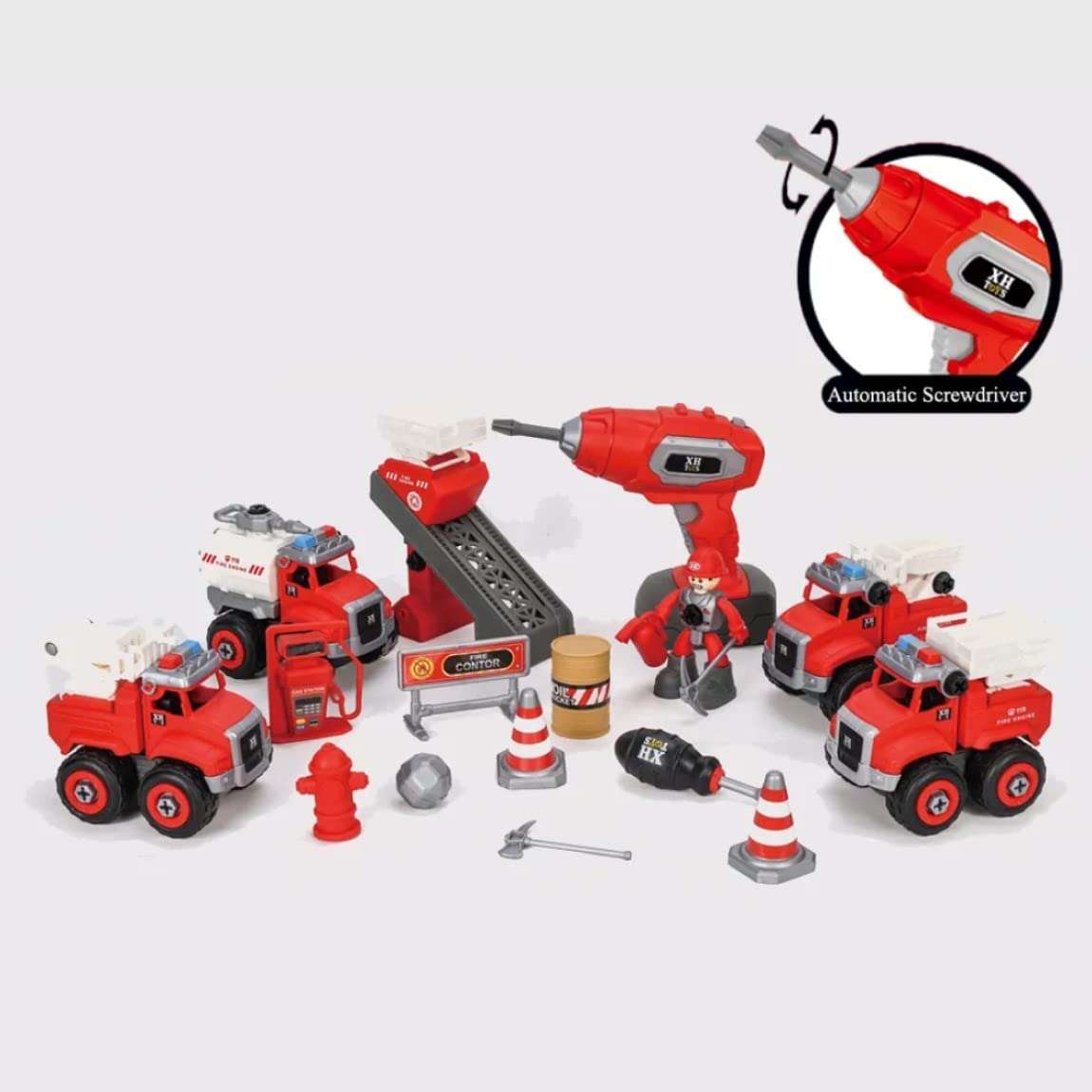 Radhey Preet DIY Activity Fire Site Work Theme Fire Trucks Play Set for Kids | 21pcs in a Set | Skrew Driver and Drill Machine Available for Assembling & Disassembling Process 4