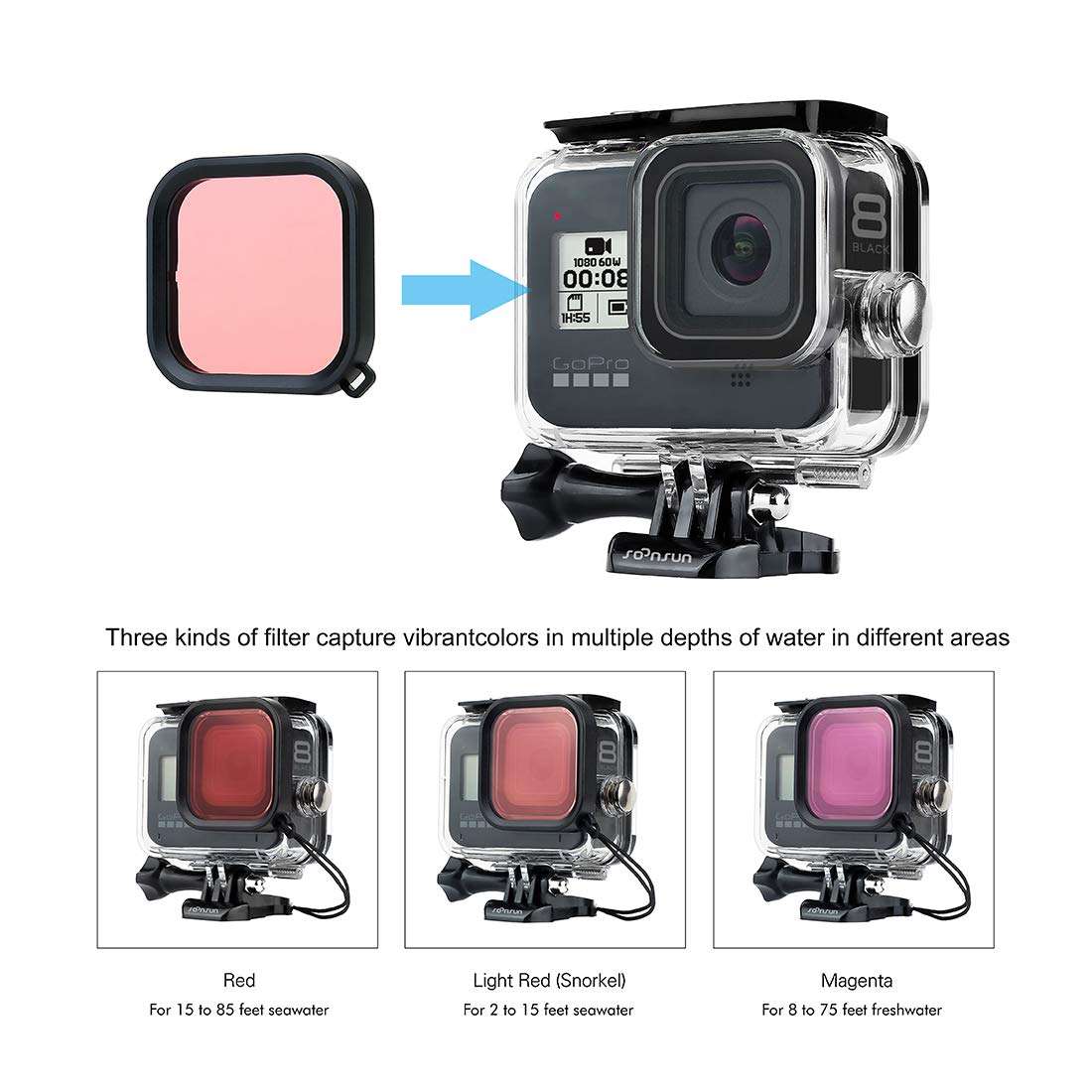 SOONSUN Waterproof Housing Case Filter Kit for GoPro Hero 8 Black, 60m Underwater Diving Protective Housing Shell with 3 Pack Filters for GoPro HERO8 Black Camera 6
