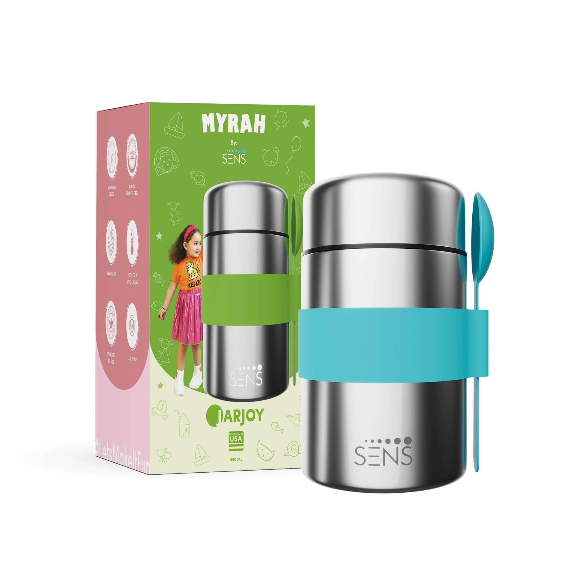 SENS JarJoy Food Jar 480ml for Kids, Additional Spoon, 304 Stainless Steel, hot or Cold up to 6 hrs, School, Picnic, Kids - Berry 3