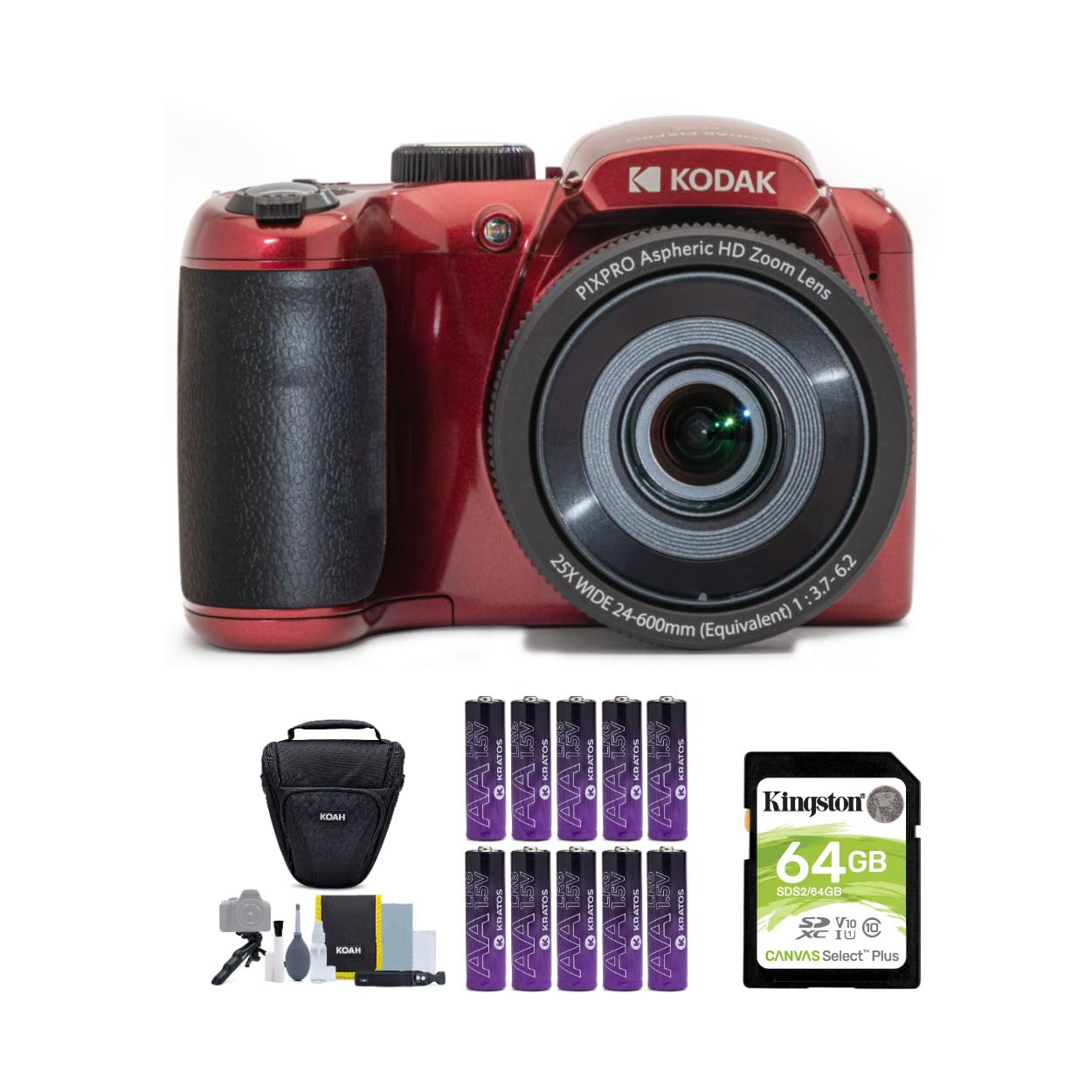 Kodak PIXPRO AZ255 Astro Zoom 16MP Digital Camera (Red) Bundle with 64GB Memory Card, High-Performance Ultra Alkaline AA Batteries (10-Pack), Camera Case and Accessory (4 Items)