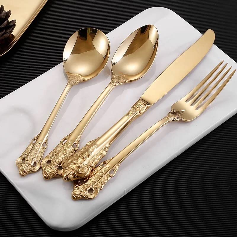 CherryBox Royal Cutlery Set of 4 Pieces Dinner Spoon, Tea Spoon, Dinner Fork and Dinner Knife with Gift Box (Gold)