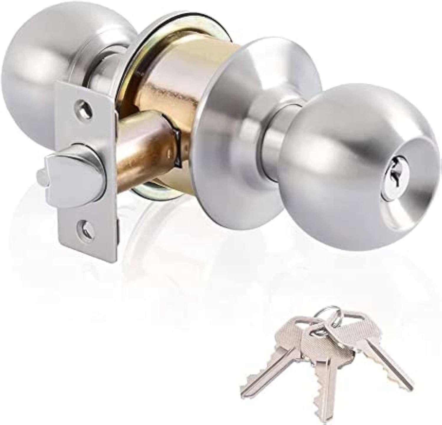 Door Knob with Lock Bedroom - Keyed Entry Door Knob Lock Interior and Exterior Bathroom,Stainless Steel Privacy Locking Door Knob Round Ball Door Lock Brushed Nickel(Silver) 1