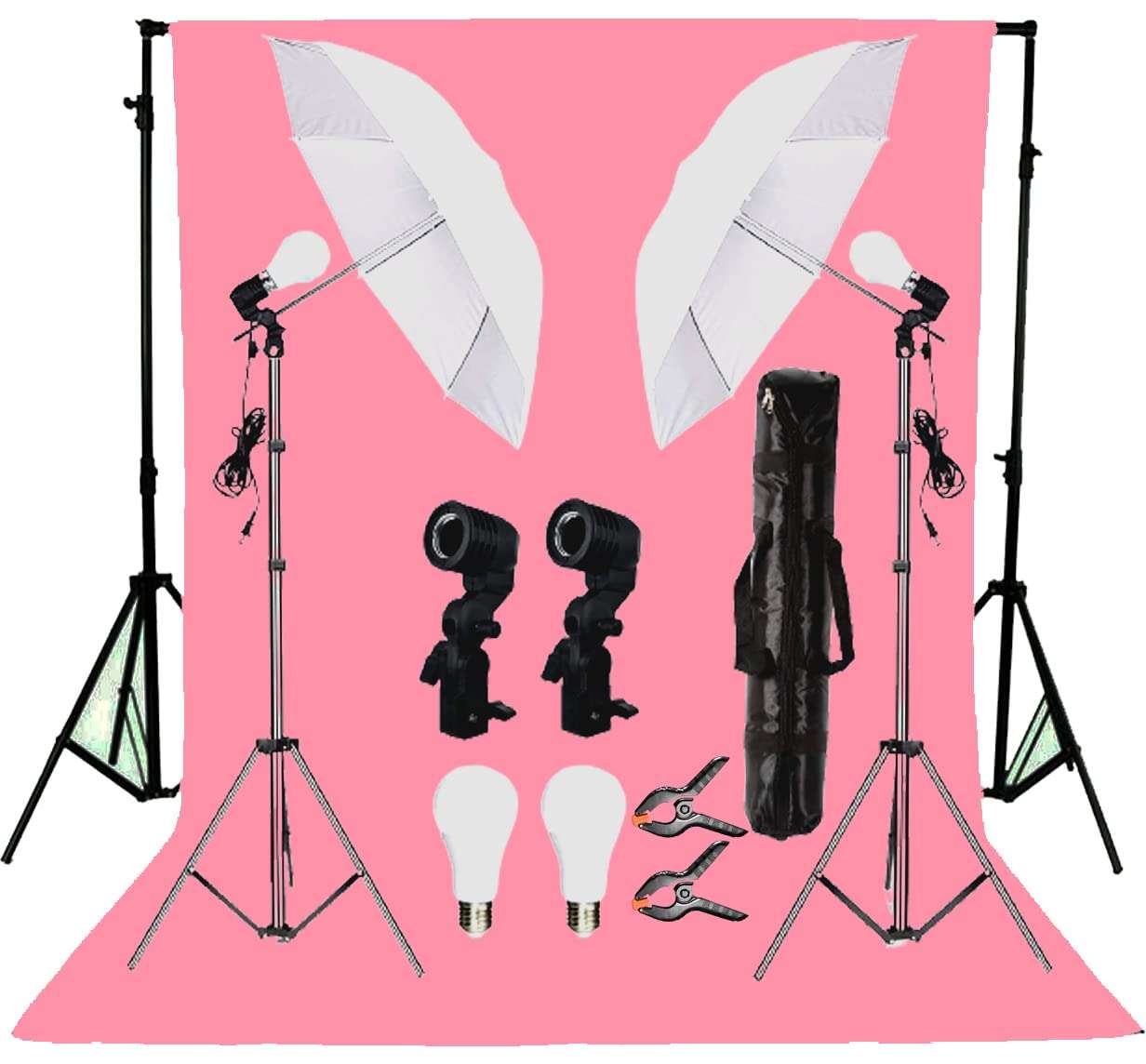 Giftmax Single Holder Umbrella Lighting Kit with Umbrella Studio Light with Backdrop Cloth Screen Photo Background Backdrop Stand Support System (Single Holder Kit + Pink Screen) 1