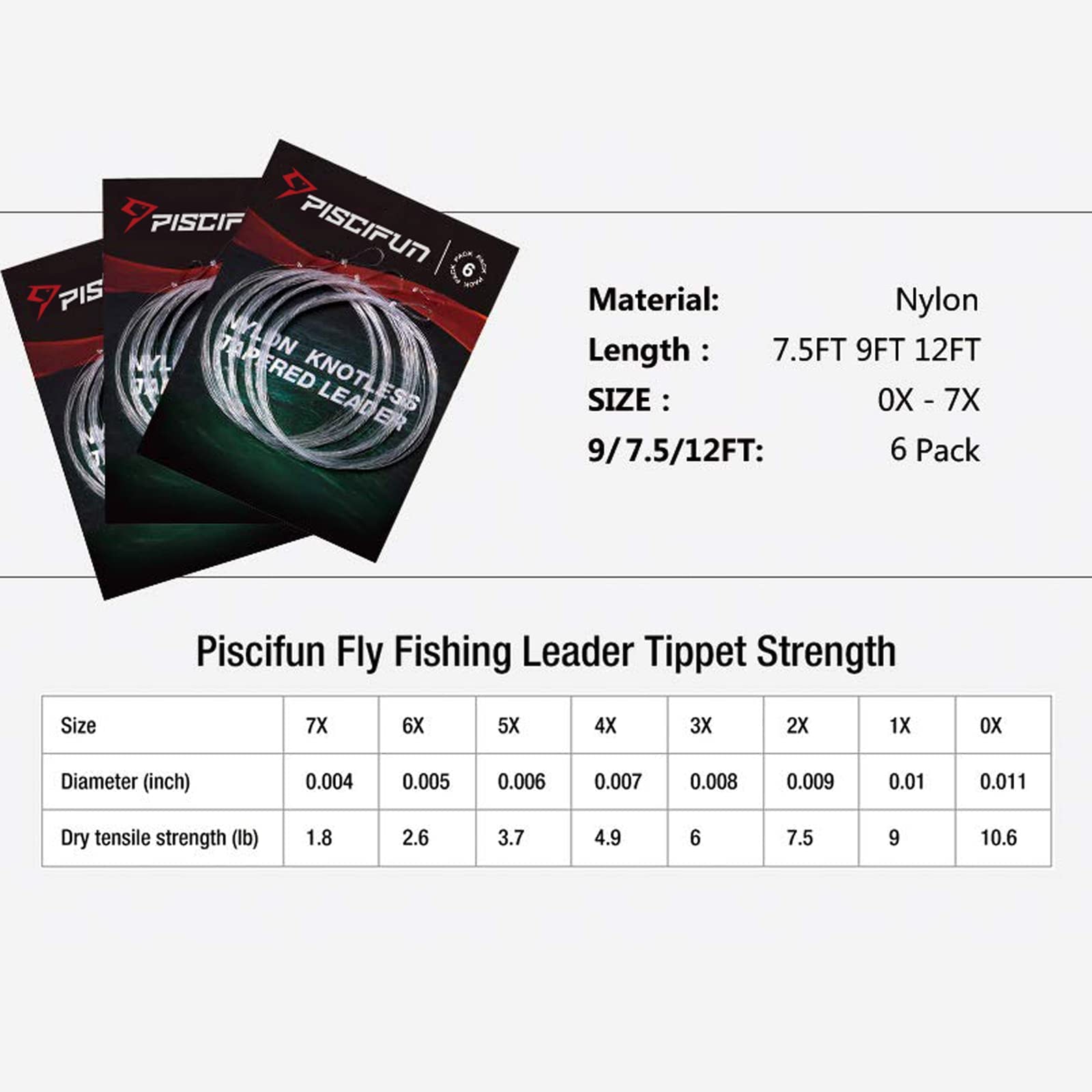 Piscifun Fly Fishing Leader with Pre-Tied Loop, Tapered Fly Line Leader, Nylon, Clear, 7.5ft, 6 Pack, 6X 6