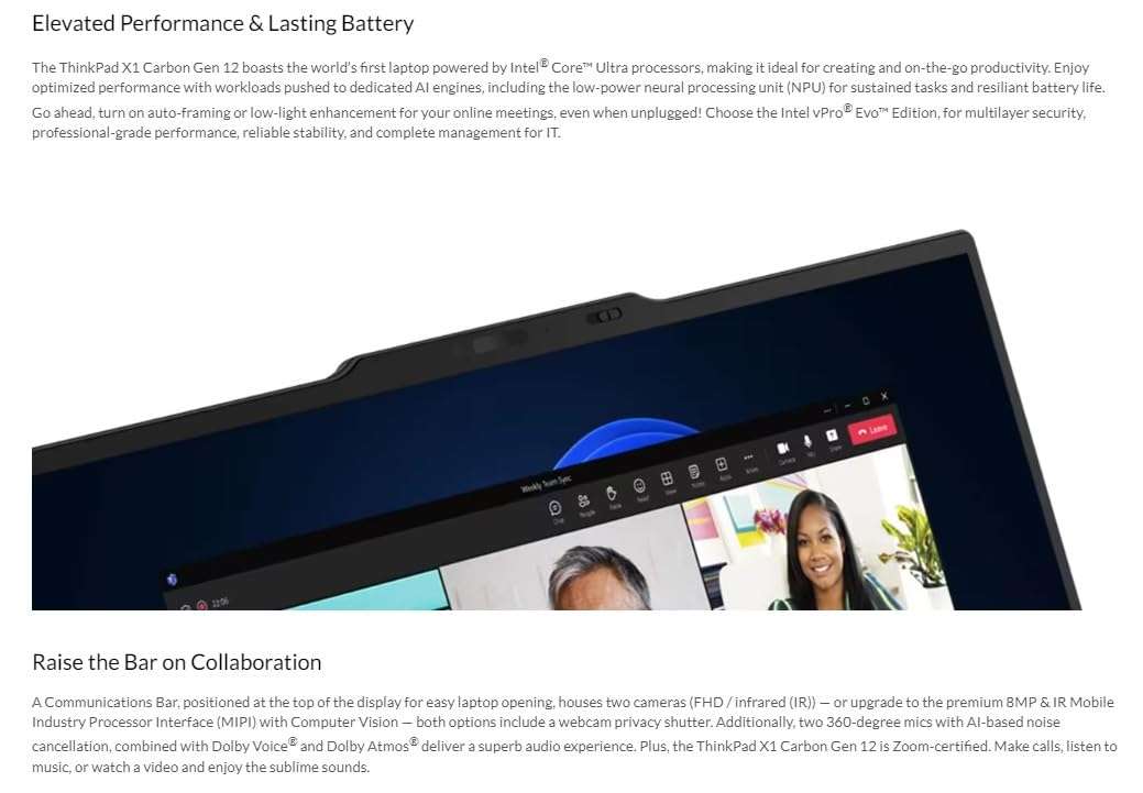 Lenovo Gen 12 ThinkPad X1 Carbon Laptop with Intel Ultra 7 155U Processor, 14" OLED 2.8K Non-Touch 120Hz Display, 32GB 6400MHz RAM, 1TB Gen4 Performance SSD, Anti-Glare, HDR 500, and Windows 11 Pro 6