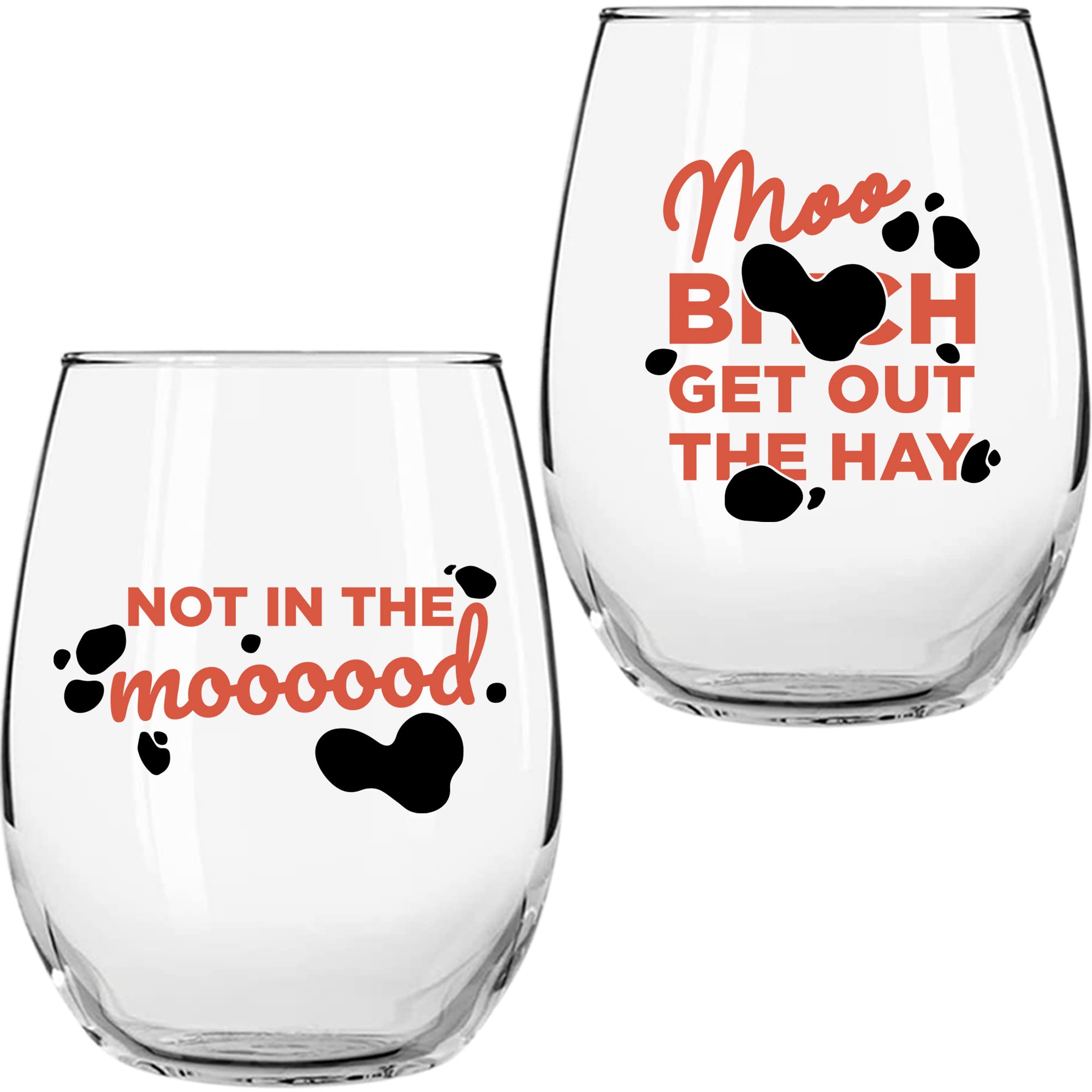 Fun Cow Gifts for Cow Lovers - "Not In The Mood" "Moo, B***h Get Out The Hay" 17 Oz 2PC Stemless Wine Glass Set, Colored - Fun Cow Glasses - Cute Cow Stuff, Cow Cups - Cow Themed Gifts for Women