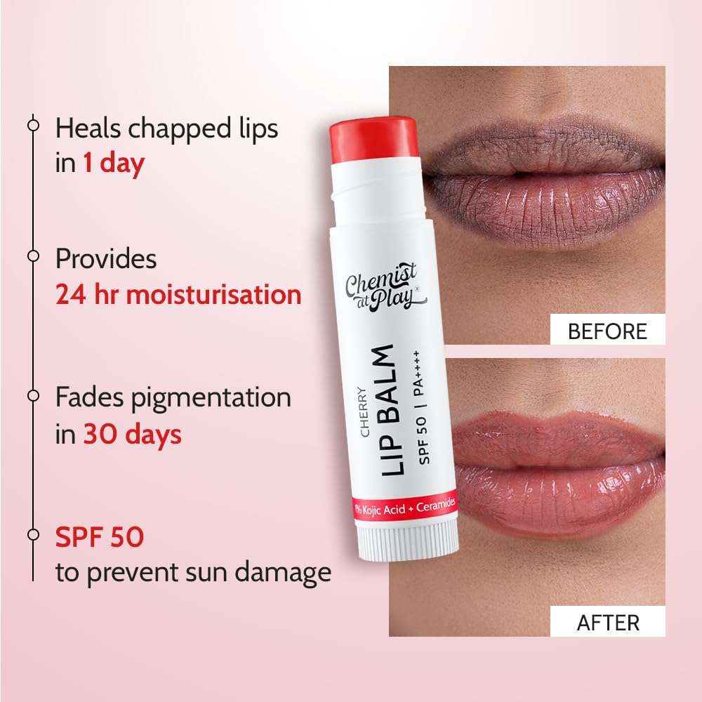 Chemist At Play Tinted Cherry Lip Balm with SPF 50 PA++++ | Moisturising Lip Balm for Daily Use | Repairs Chapped & Dry Lips | Brightens Dark Lips | 1% Kojic Acid | For Men & Women | 4.5 g 4