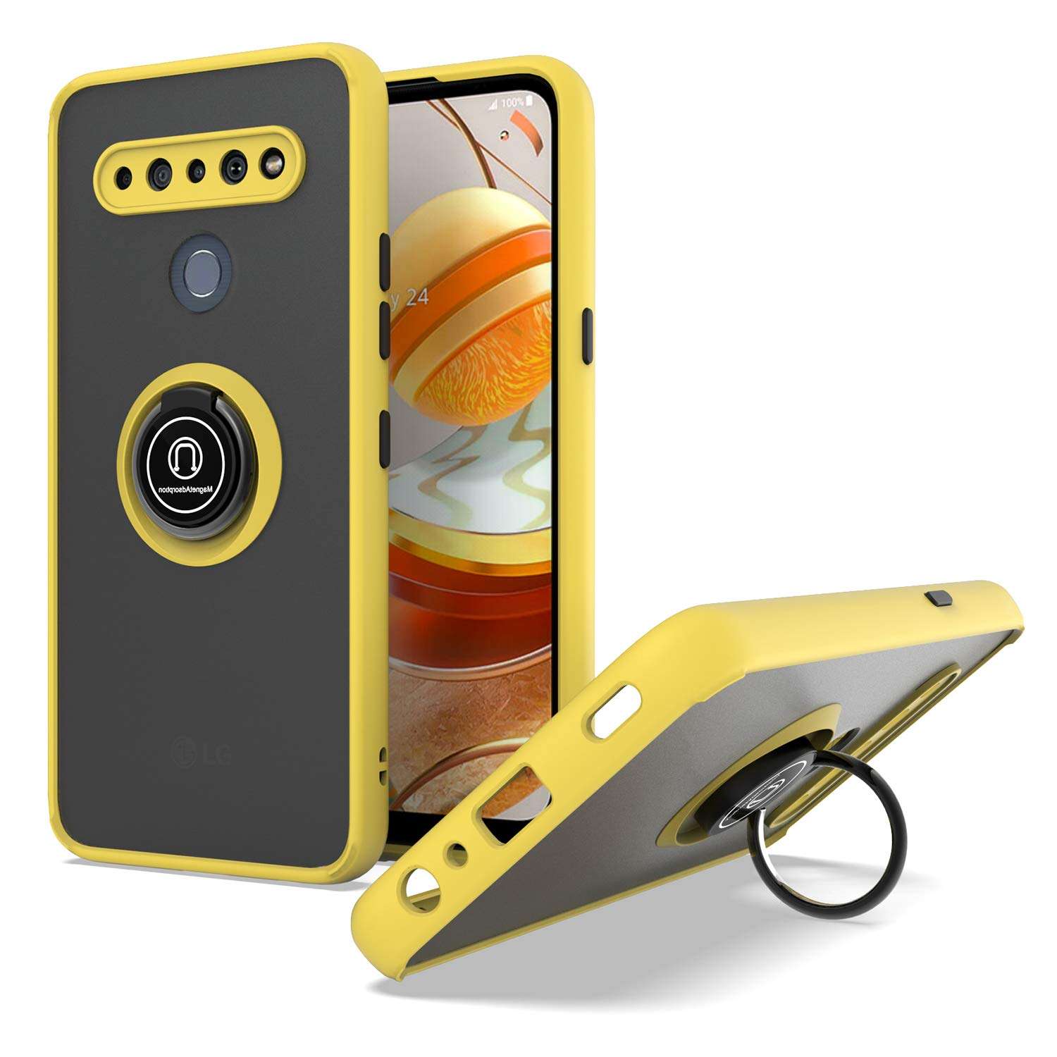 KWEICASE Cell Phone Case for LG K61, LG K61 Case with 360 Degrees Rotate Magnetic Kickstand Soft TPU Bumper Matte Clear Hard PC Dropproof Shockproof Protective Cover Case, Yellow 1