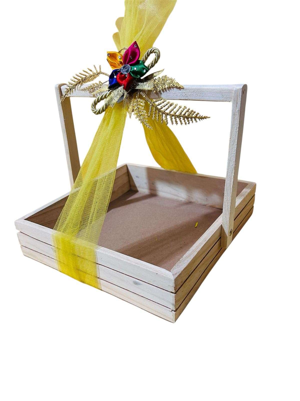 Vayu Art & Crafts Pinewood Gift Packaging Gift Hamper Basket with Handle (12x12x2.25"), 30x30x6 CM 1