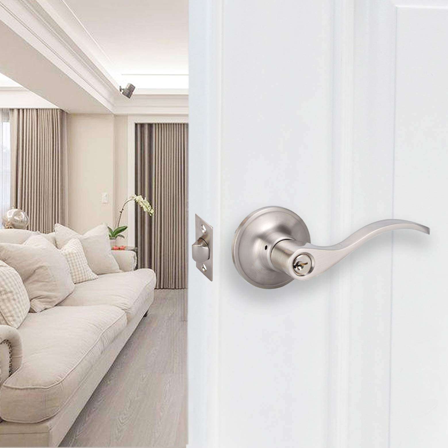 Wave Handle Single Cylinder Keyed Entry Door Lever Lock for Exterior Door with Lock and Key, Reversible for Right & Left Side (Entry- TL001, Satin Nickel) 6